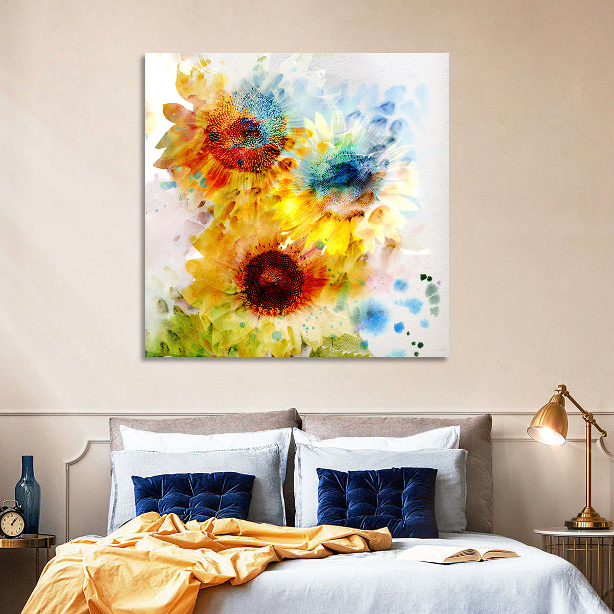 Watercolor Sunflower Trio Wall Art in a room, square