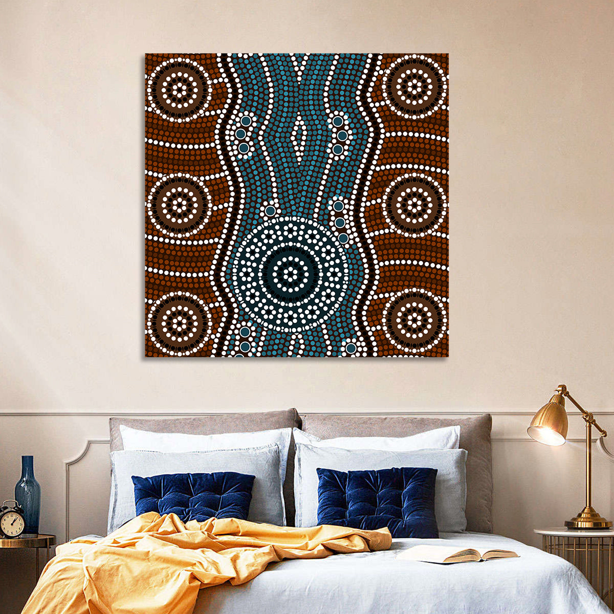 Concentric River Dot Painting Wall Art in a room, square