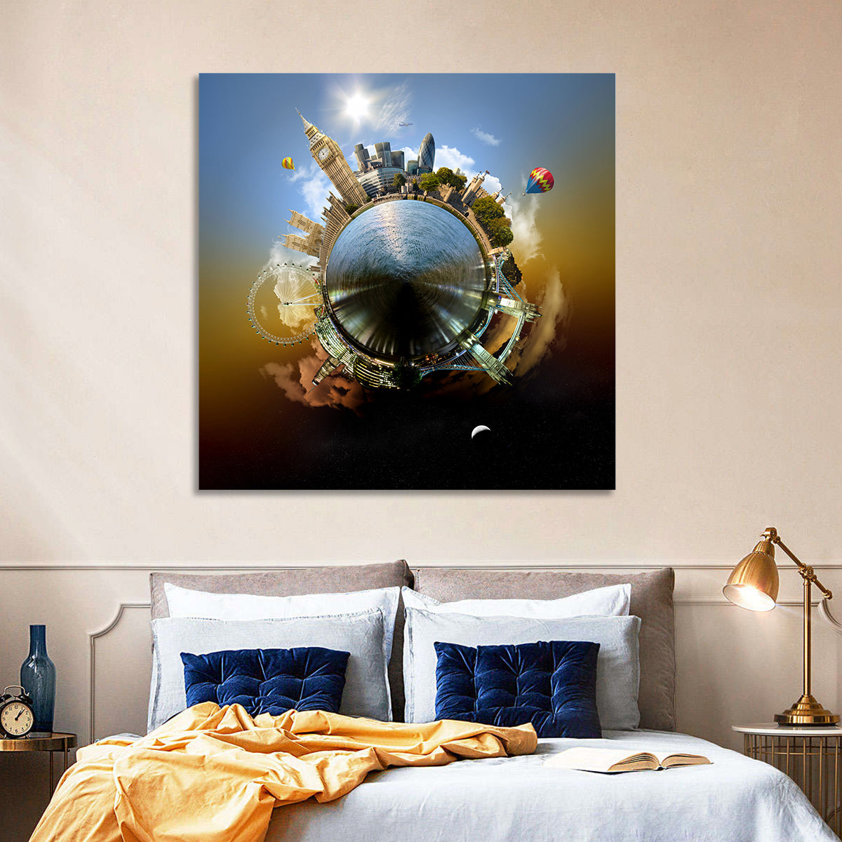 Miniature Planet London Skyline Wall Art in a room, square