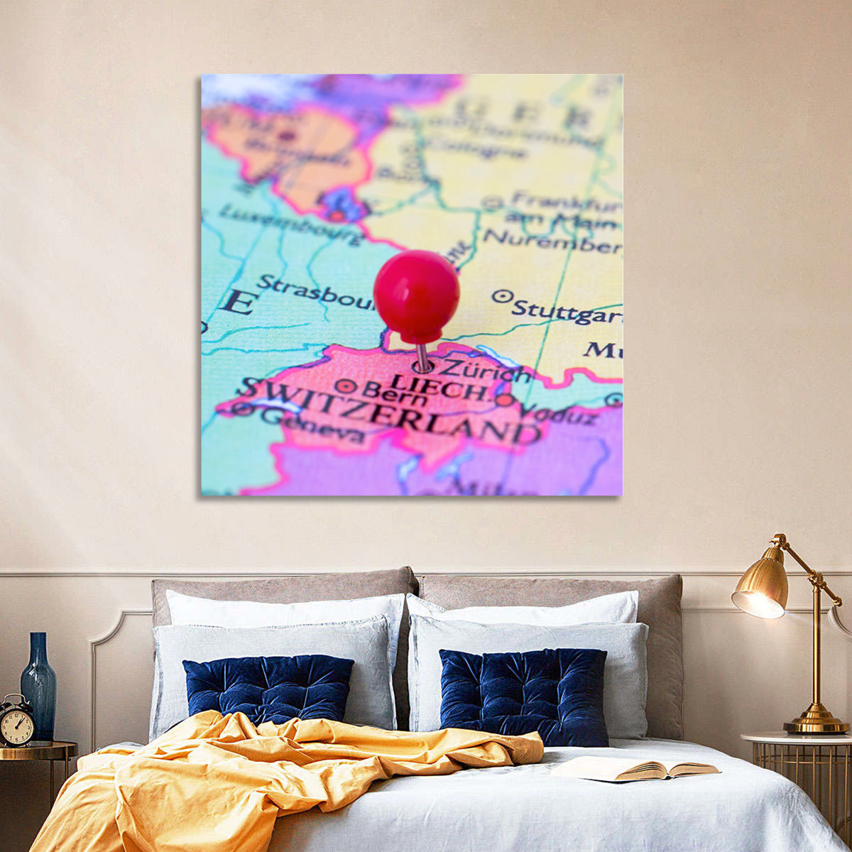 Zurich Map with Red Pin Wall Art