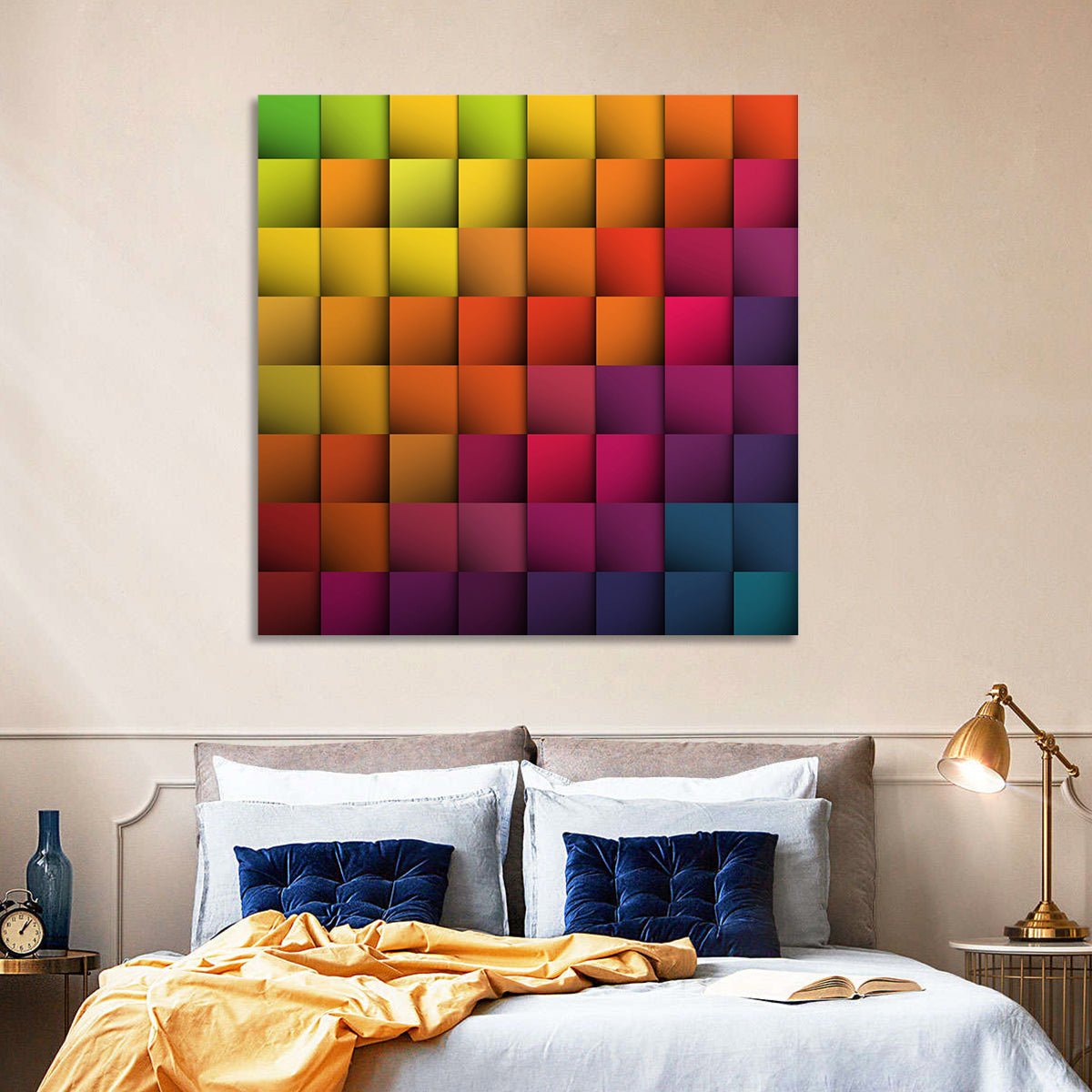 Vibrant Gradient Squares Grid Wall Art in a room, square