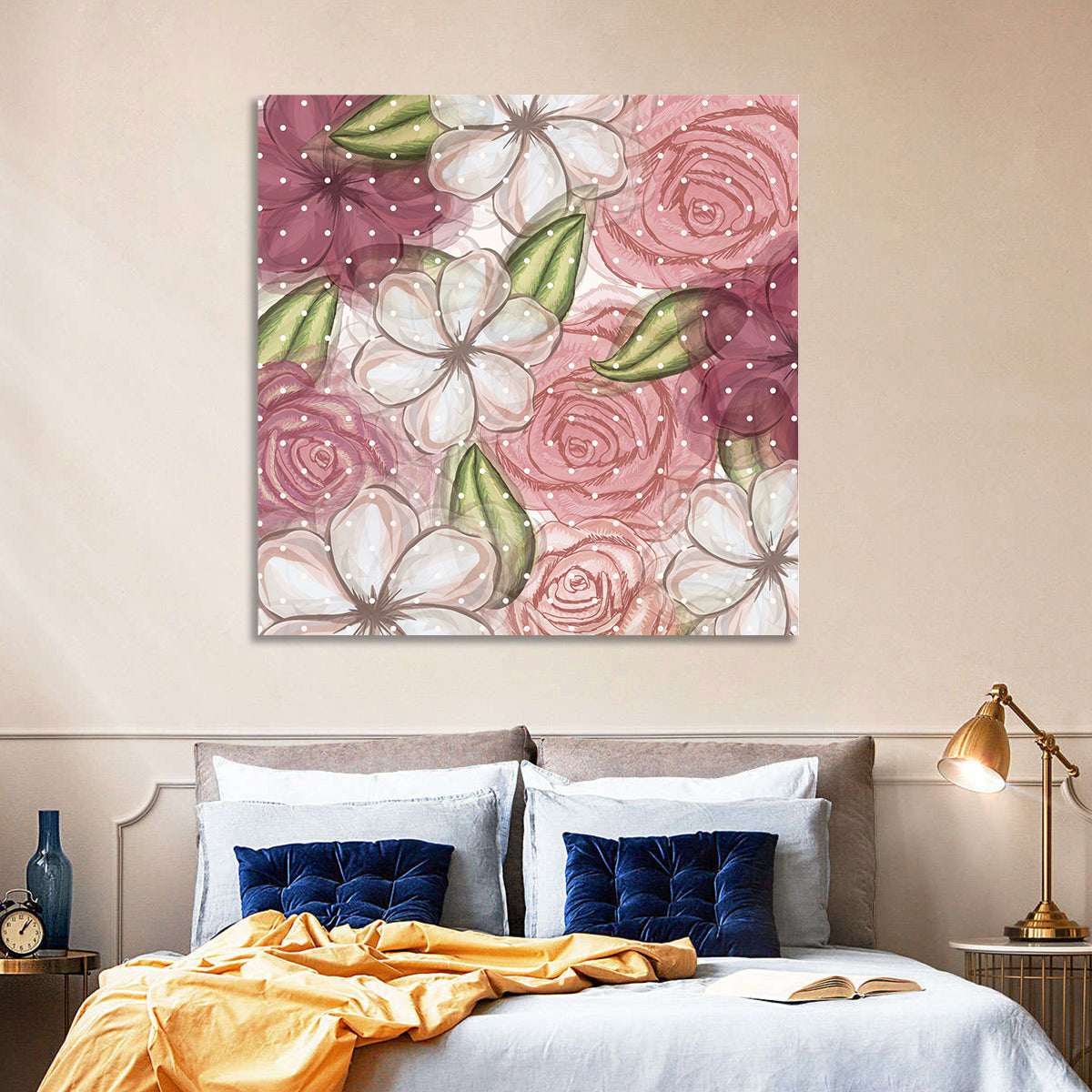 Vintage Floral Pattern with Polka Dots Wall Art in a room, square