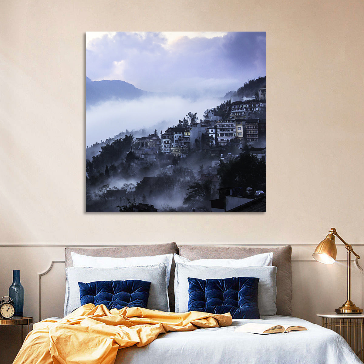Misty Hillside Town Wall Art