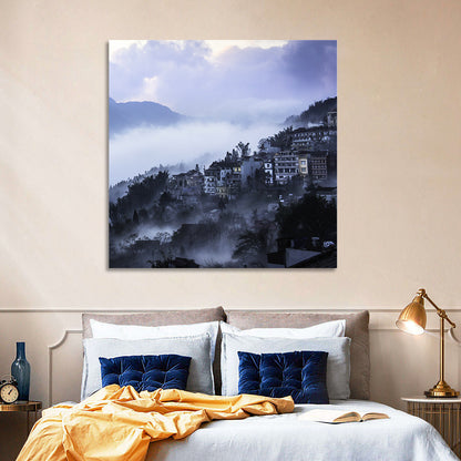 Misty Hillside Town Wall Art