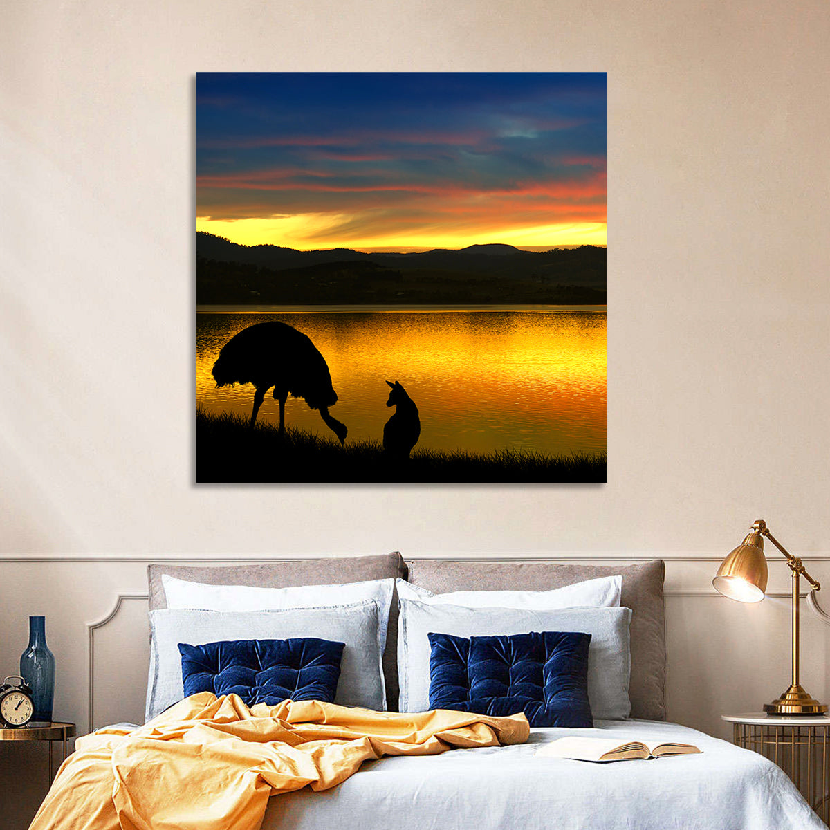Kangaroo and Emu at Lake Sunset Wall Art