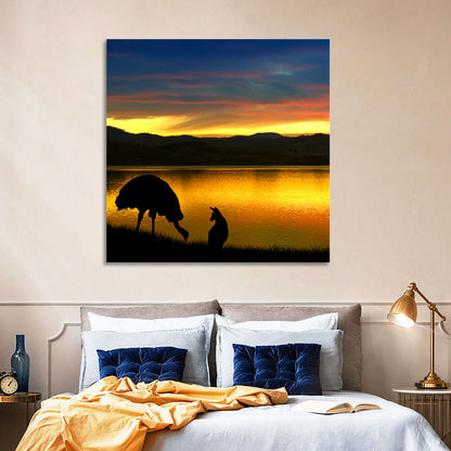 Kangaroo and Emu at Lake Sunset Wall Art