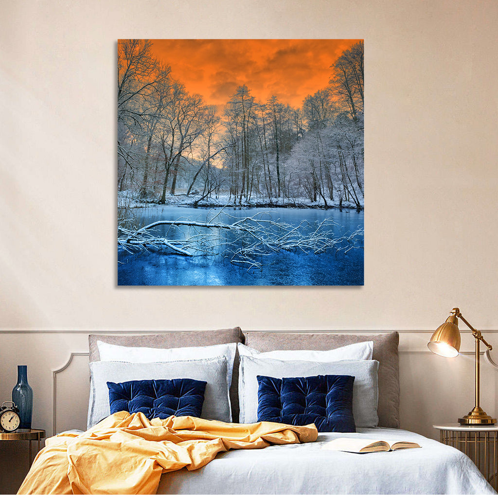 Sunset Over Winter Forest Lake Wall Art