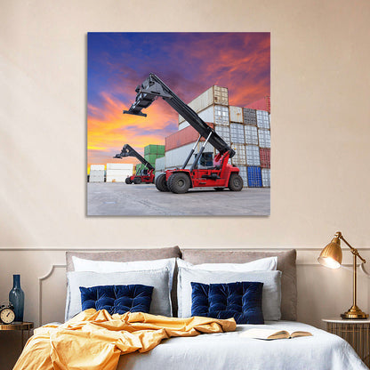 Red Reach Stackers at Sunset Wall Art