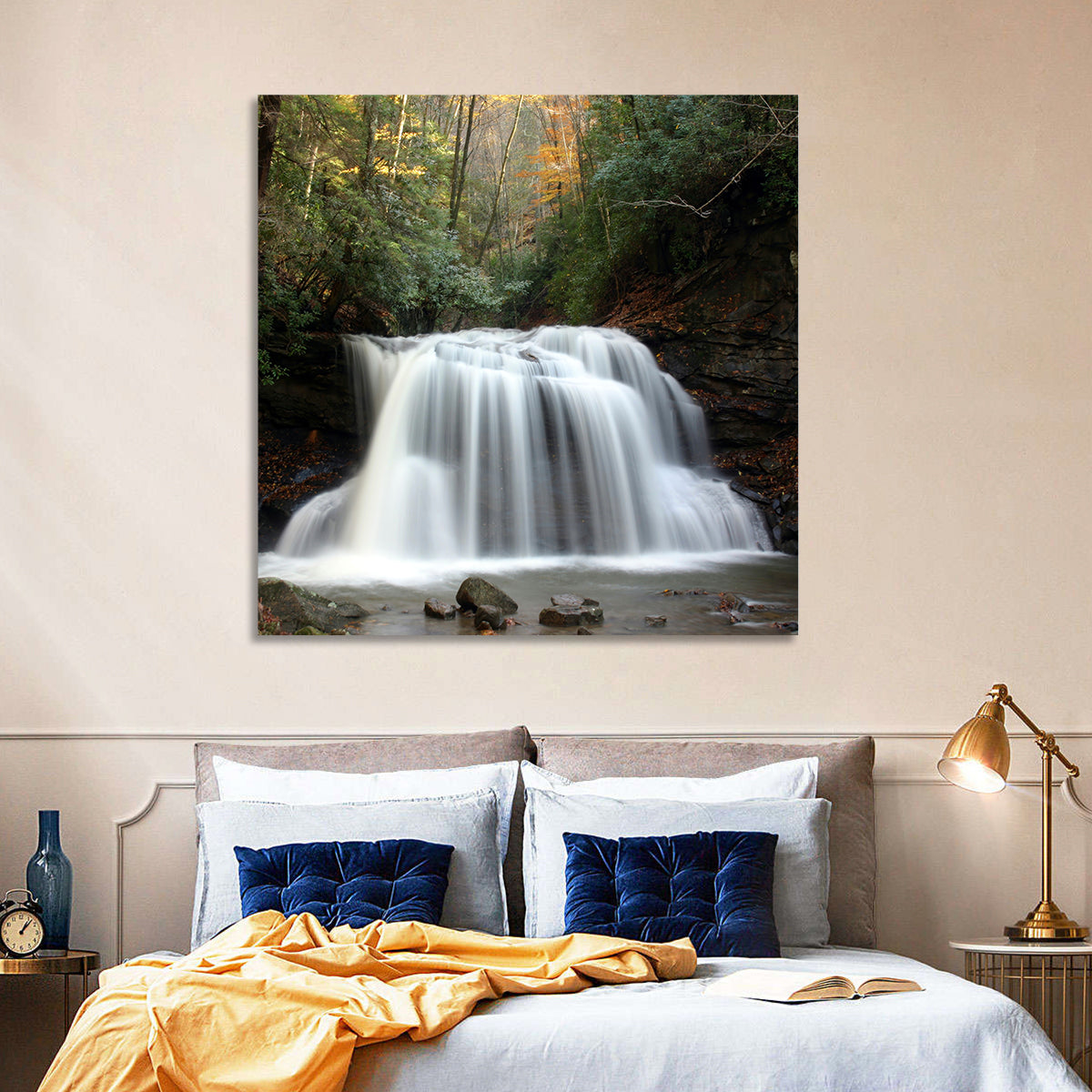 Holly River Autumn Waterfall Wall Art in a room, square