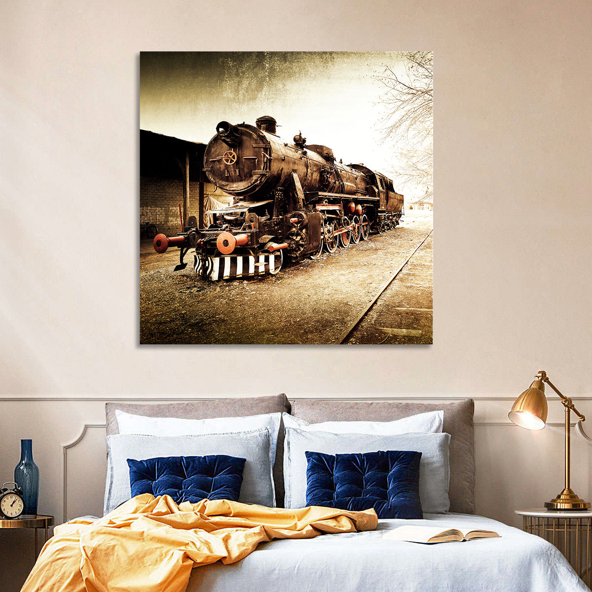 Sepia Steam Locomotive on Rusted Tracks Wall Art