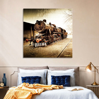 Sepia Steam Locomotive on Rusted Tracks Wall Art