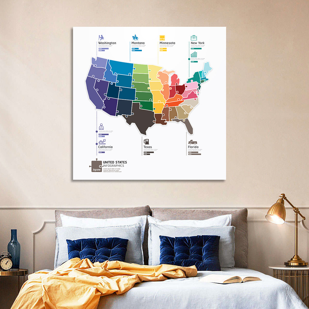 United States Jigsaw Map Wall Art in a room, square