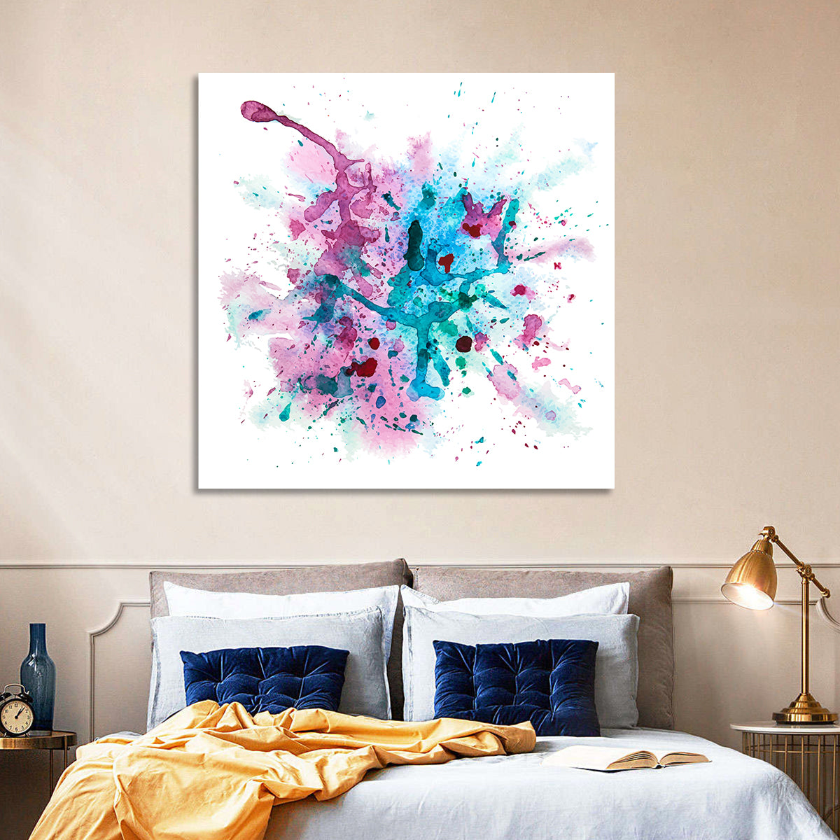 Magenta and Turquoise Splash Wall Art in a room, square