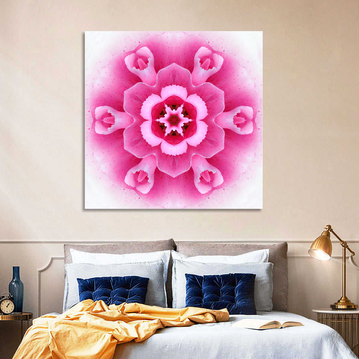 Pink Carnation Kaleidoscope Mandala Wall Art in a room, square