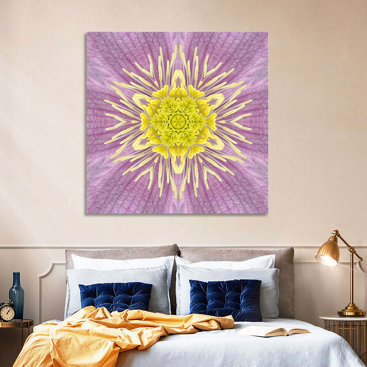 Kaleidoscopic Floral Mandala in Purple and Yellow Wall Art in a room, square