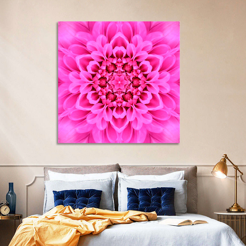 Kaleidoscopic Chrysanthemum Mandala in Magenta Wall Art