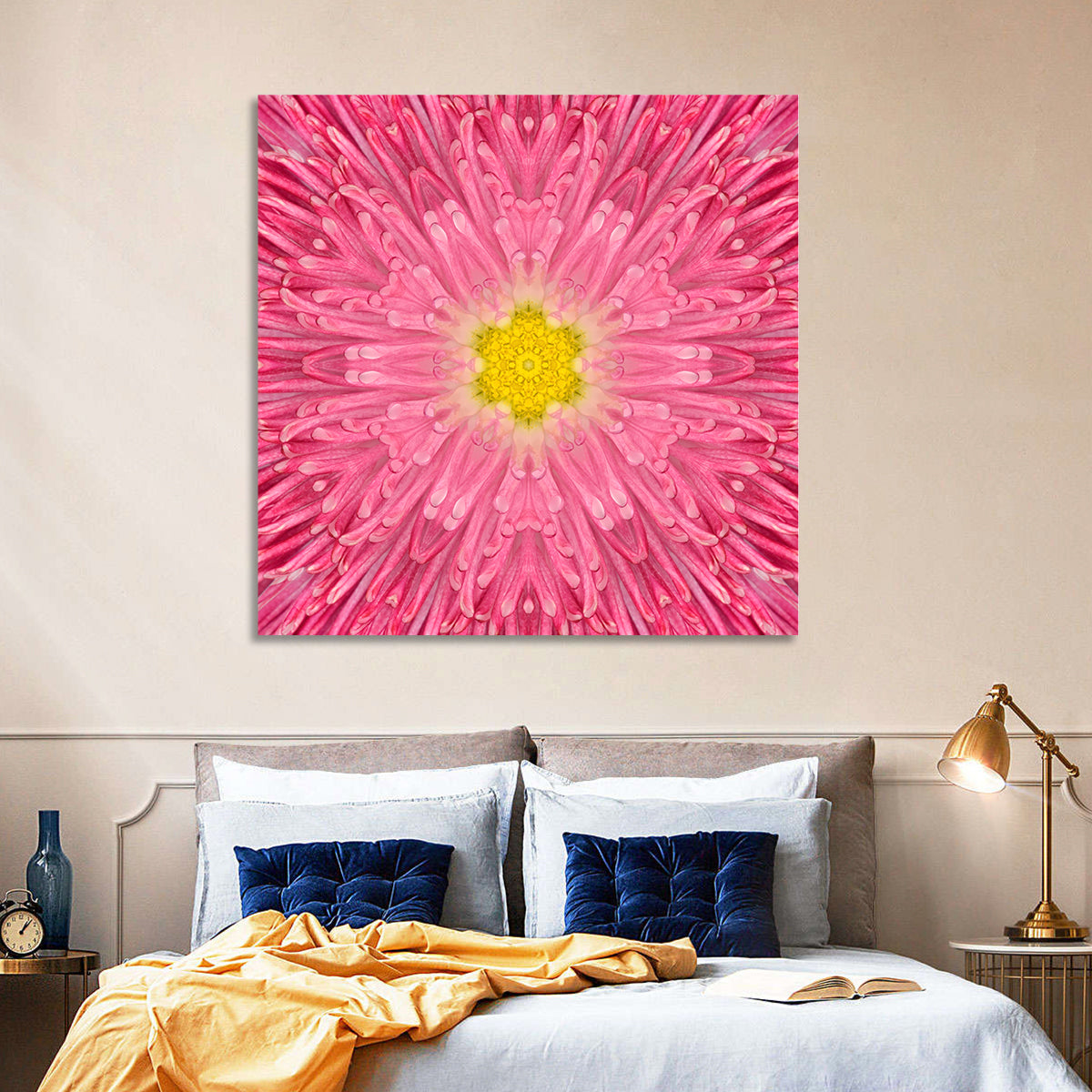 Kaleidoscopic Daisy Mandala Bloom Wall Art in a room, square