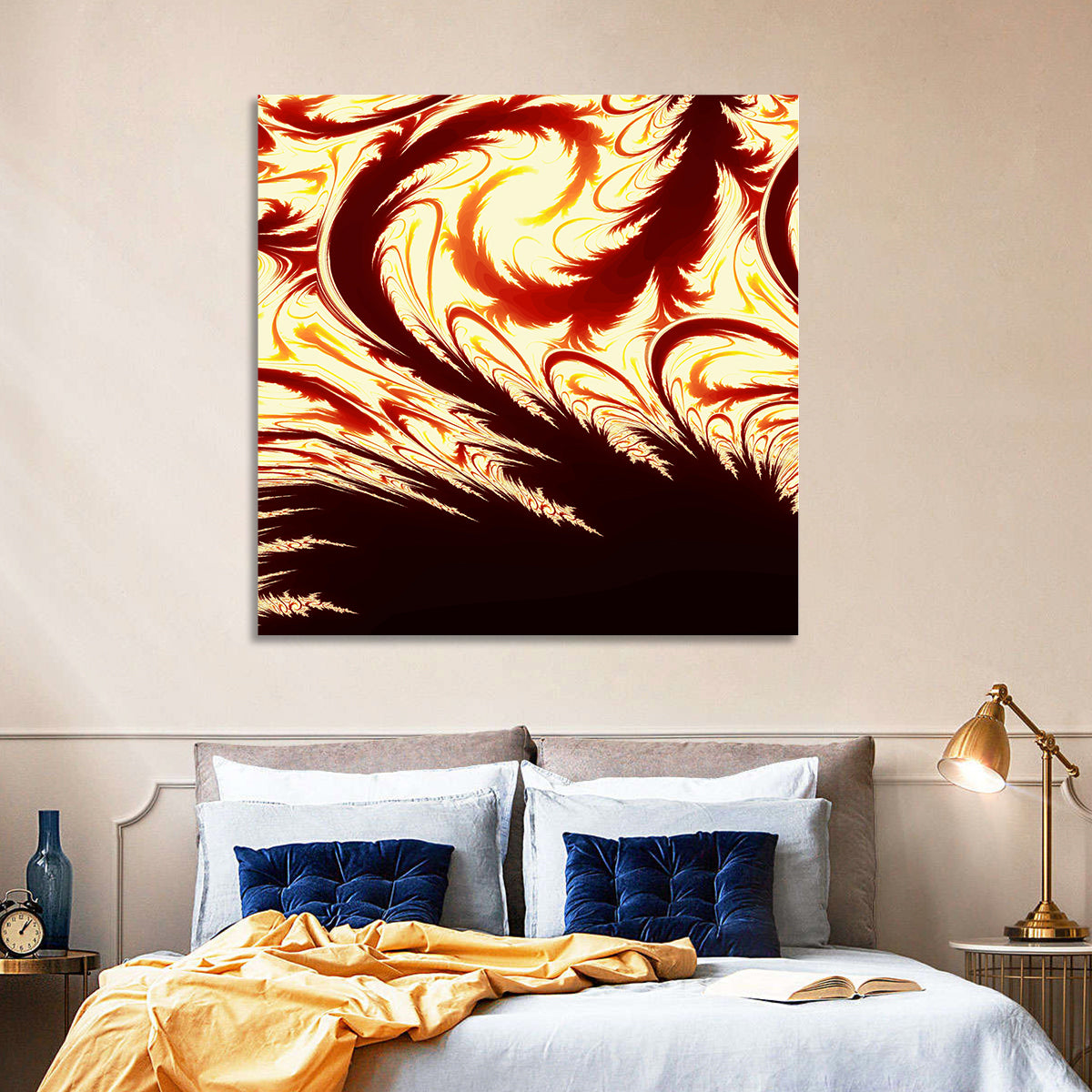 Flying Feathers in Flame Wall Art in a room, square