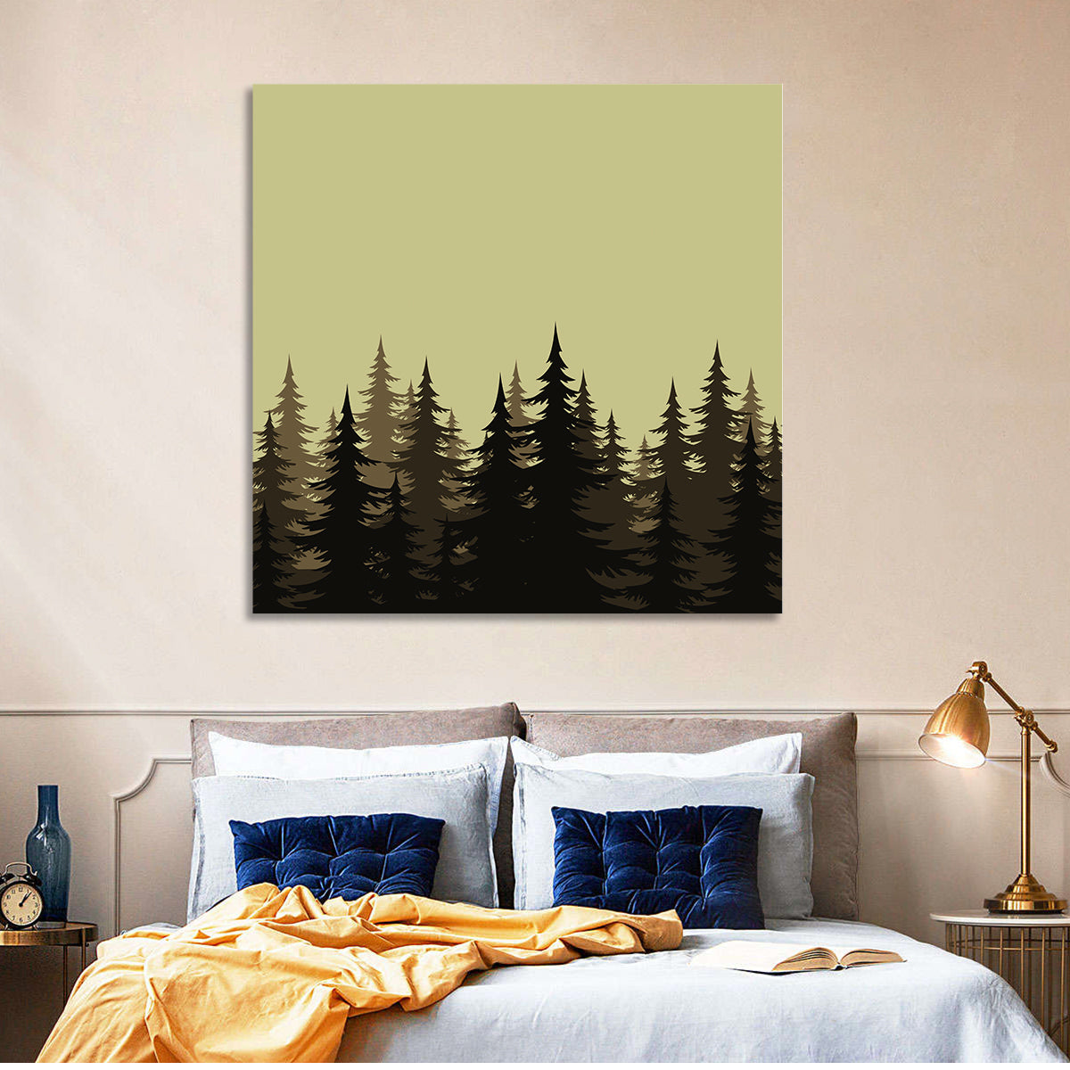 Fir Tree Silhouettes Wall Art in a room, square