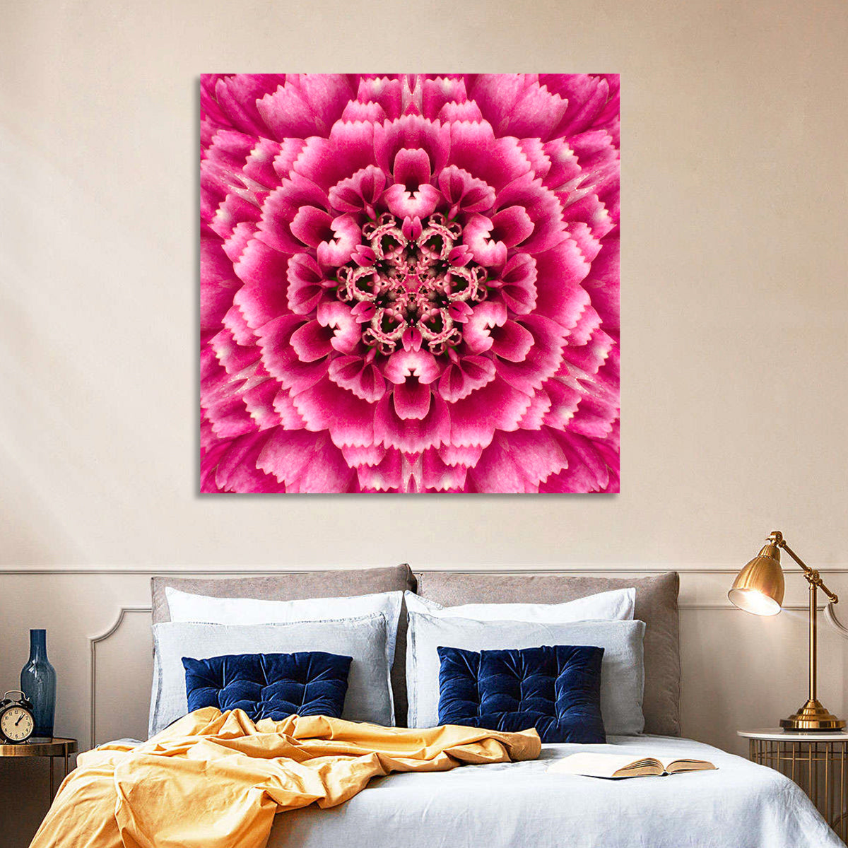 Kaleidoscopic Pink Chrysanthemum Mandala Wall Art in a room, square