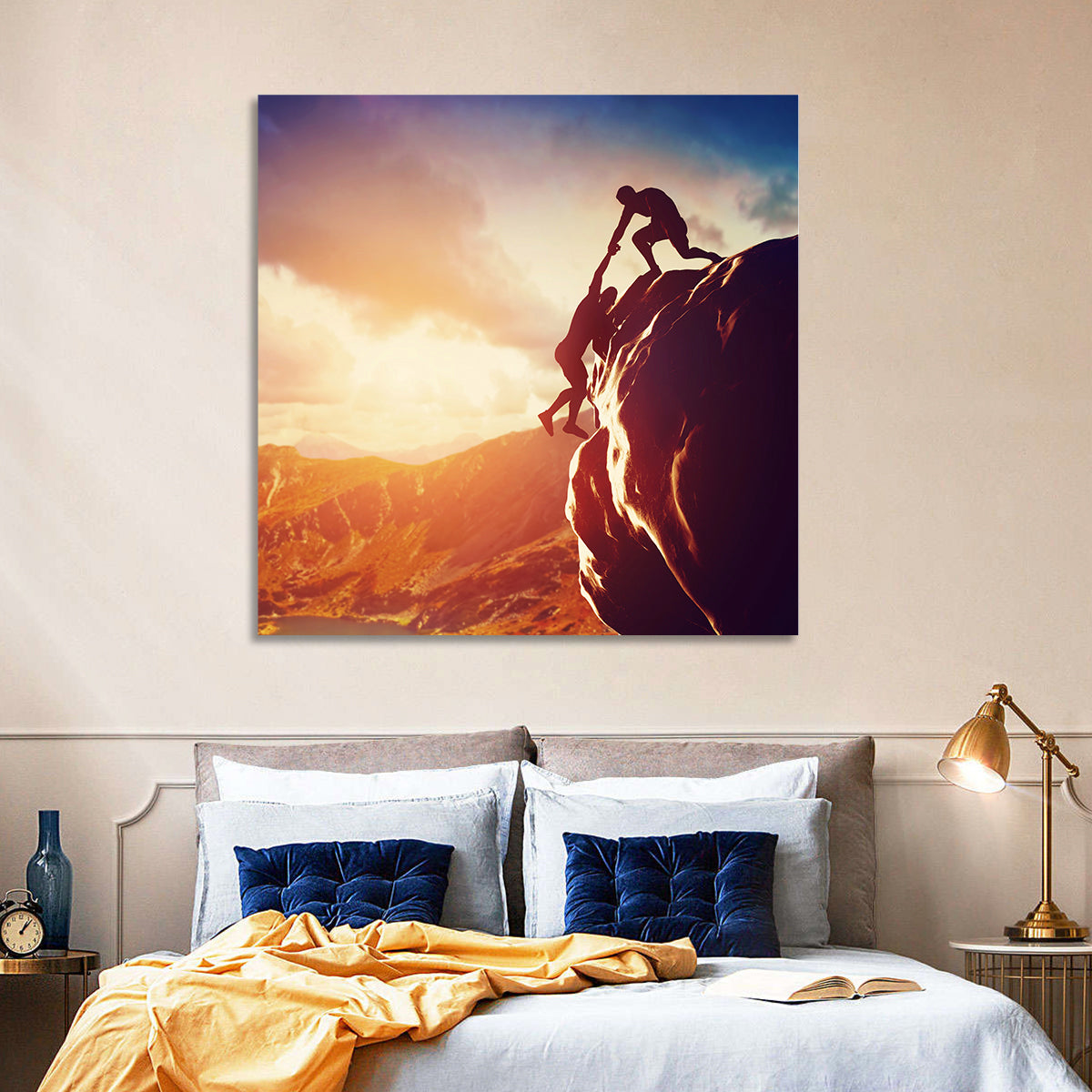 Two Hikers Summit Assist at Sunset Wall Art