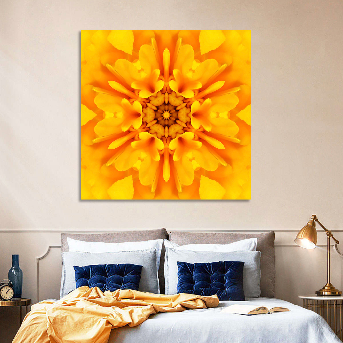 Golden Dahlia Mandala Wall Art in a room, square