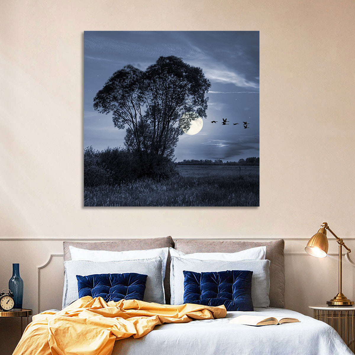 Moonlit Birds Over Quiet Field Wall Art