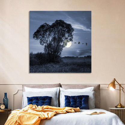 Moonlit Birds Over Quiet Field Wall Art