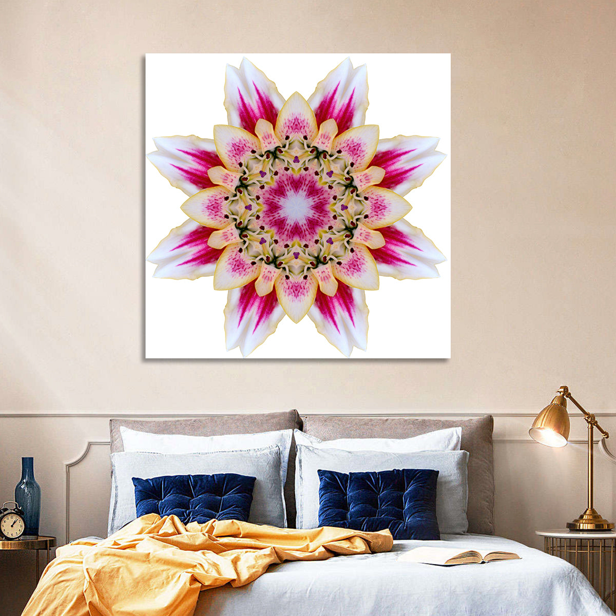 Pink Lily Star Mandala Pattern Wall Art in a room, square