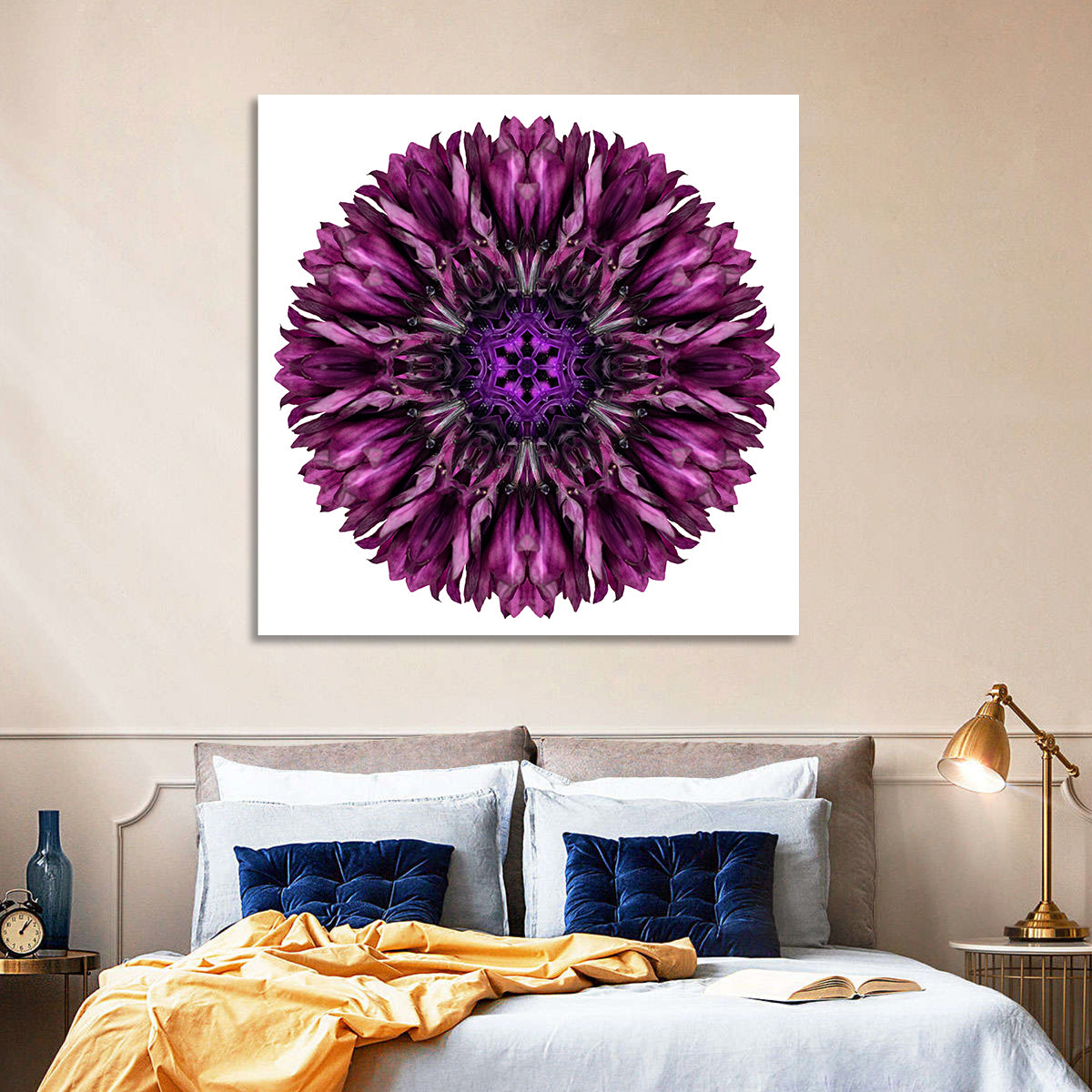 Purple Cornflower Kaleidoscope Mandala Wall Art in a room, square