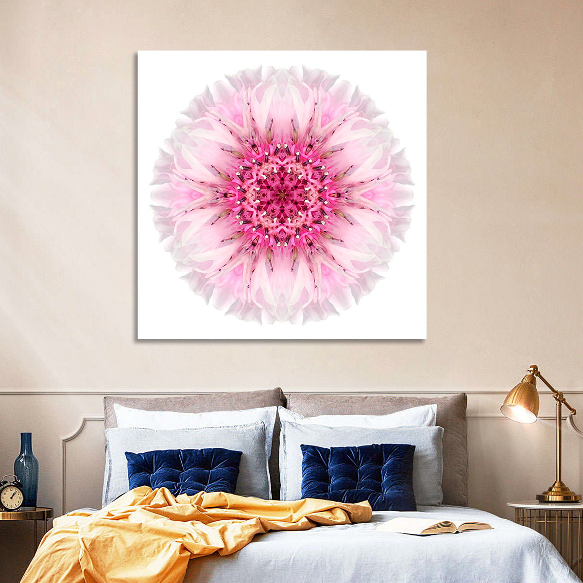 Pink Cornflower Kaleidoscope Mandala Wall Art in a room, square