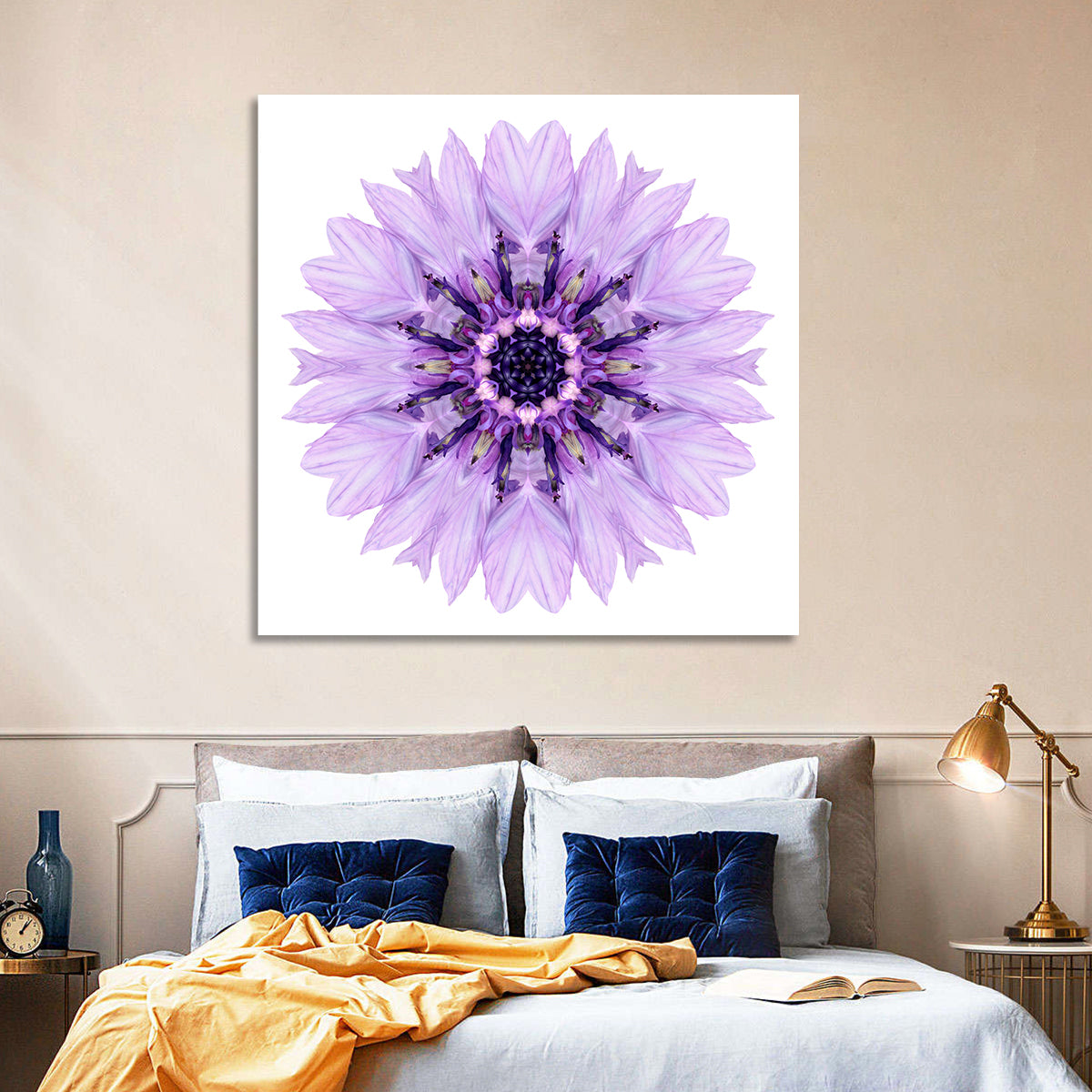 Lavender Cornflower Mandala Wall Art in a room, square