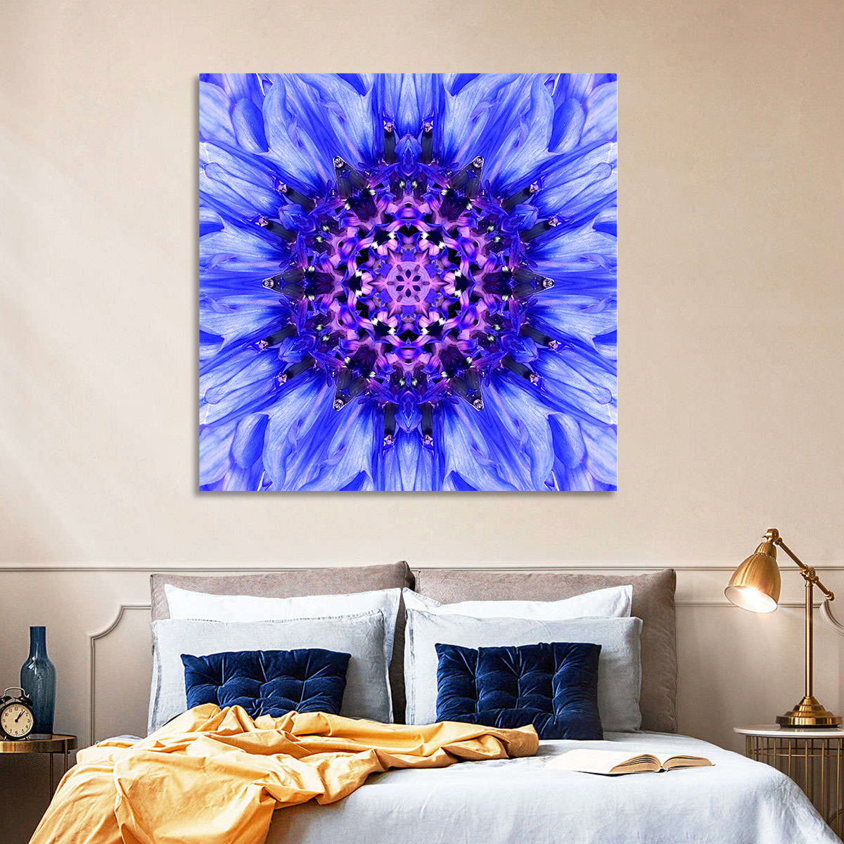 Kaleidoscopic Cornflower Mandala Wall Art in a room, square