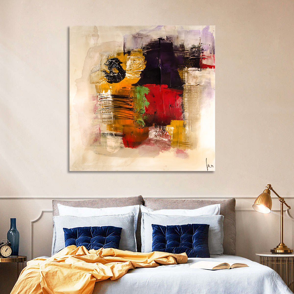 Bold Color Block Abstract with Black Circle Wall Art in a room, square