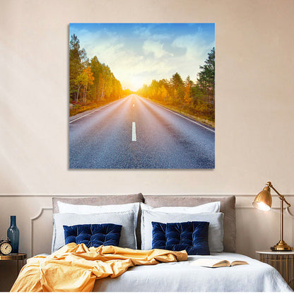 Sunlit Autumn Forest Road Wall Art