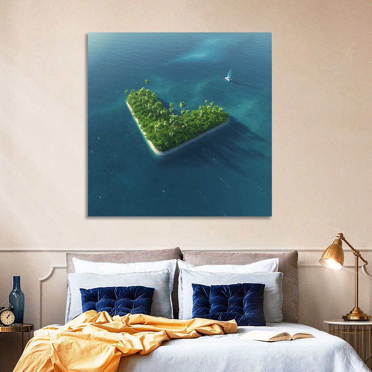 V-shaped Tropical Island with Distant Catamaran Wall Art