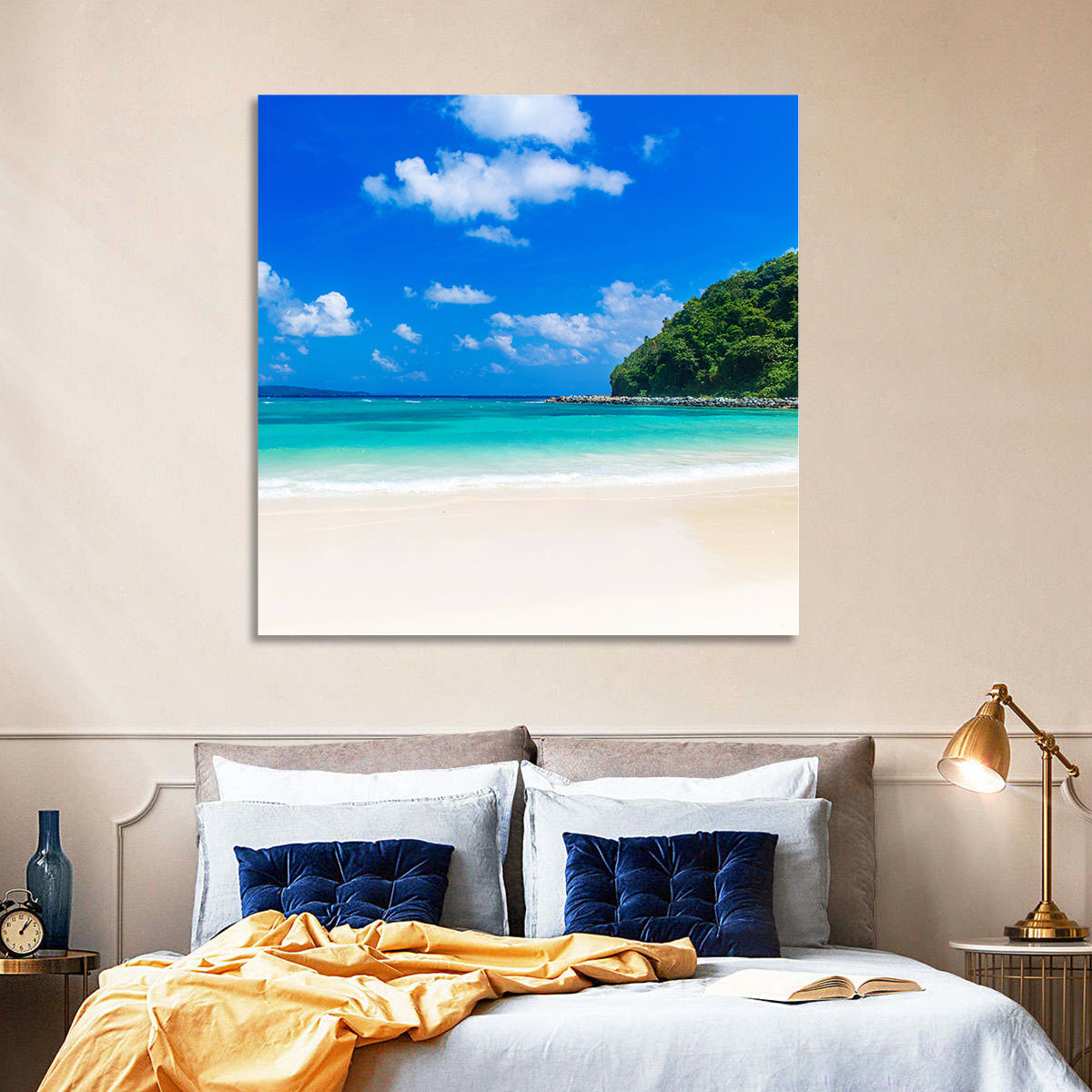 Turquoise Tropical Beach Scene Wall Art in a room, square