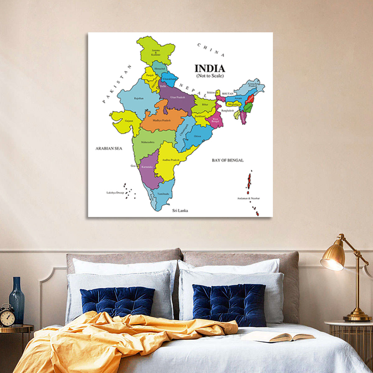 Colorful Political Map of India Wall Art in a room, square
