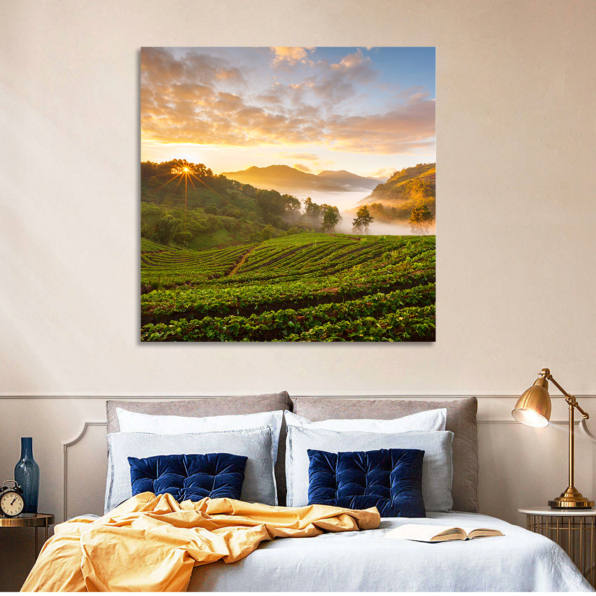 Strawberry Fields Sunrise Wall Art in a room, square