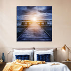 Sunlit Wooden Jetty at Dusk Wall Art