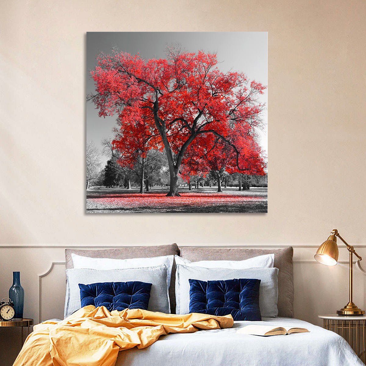 Winter Tree with Red Leaves Wall Art in a room, square