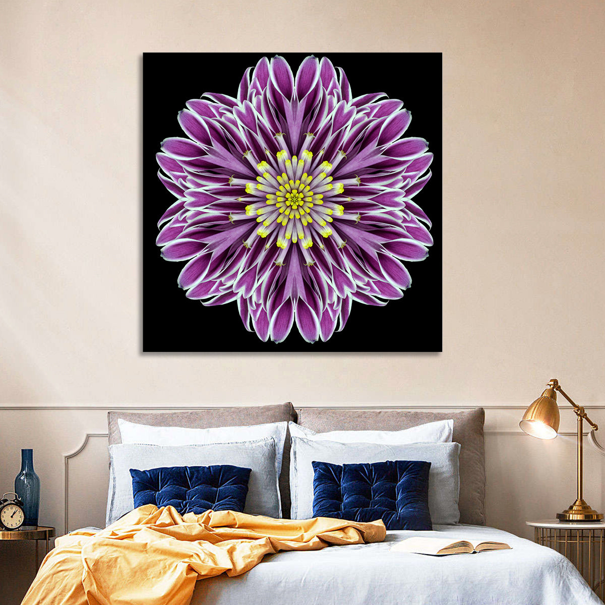 Kaleidoscopic Pink Floral Mandala Wall Art in a room, square