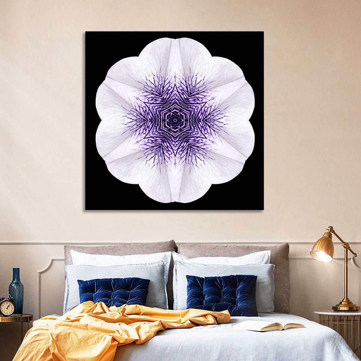 Purple Mandala Flower Kaleidoscope Wall Art in a room, square