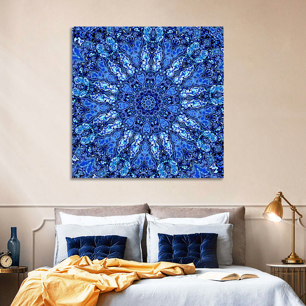 Blue Fractal Mandala Wall Art in a room, square