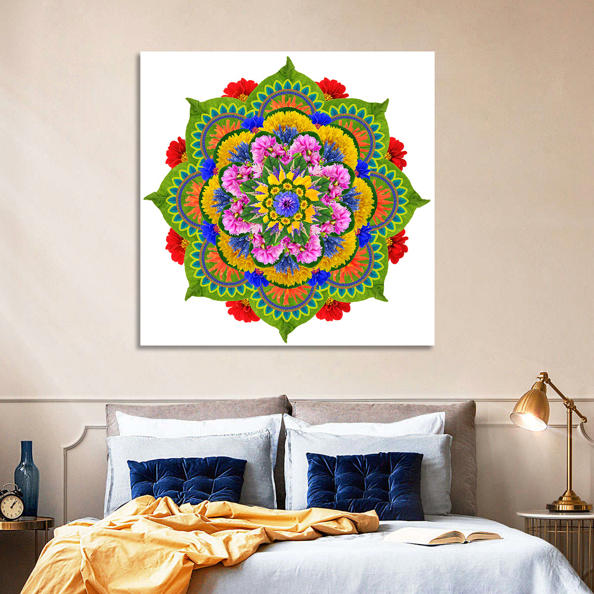 Vibrant Lotus Floral Mandala Wall Art in a room, square