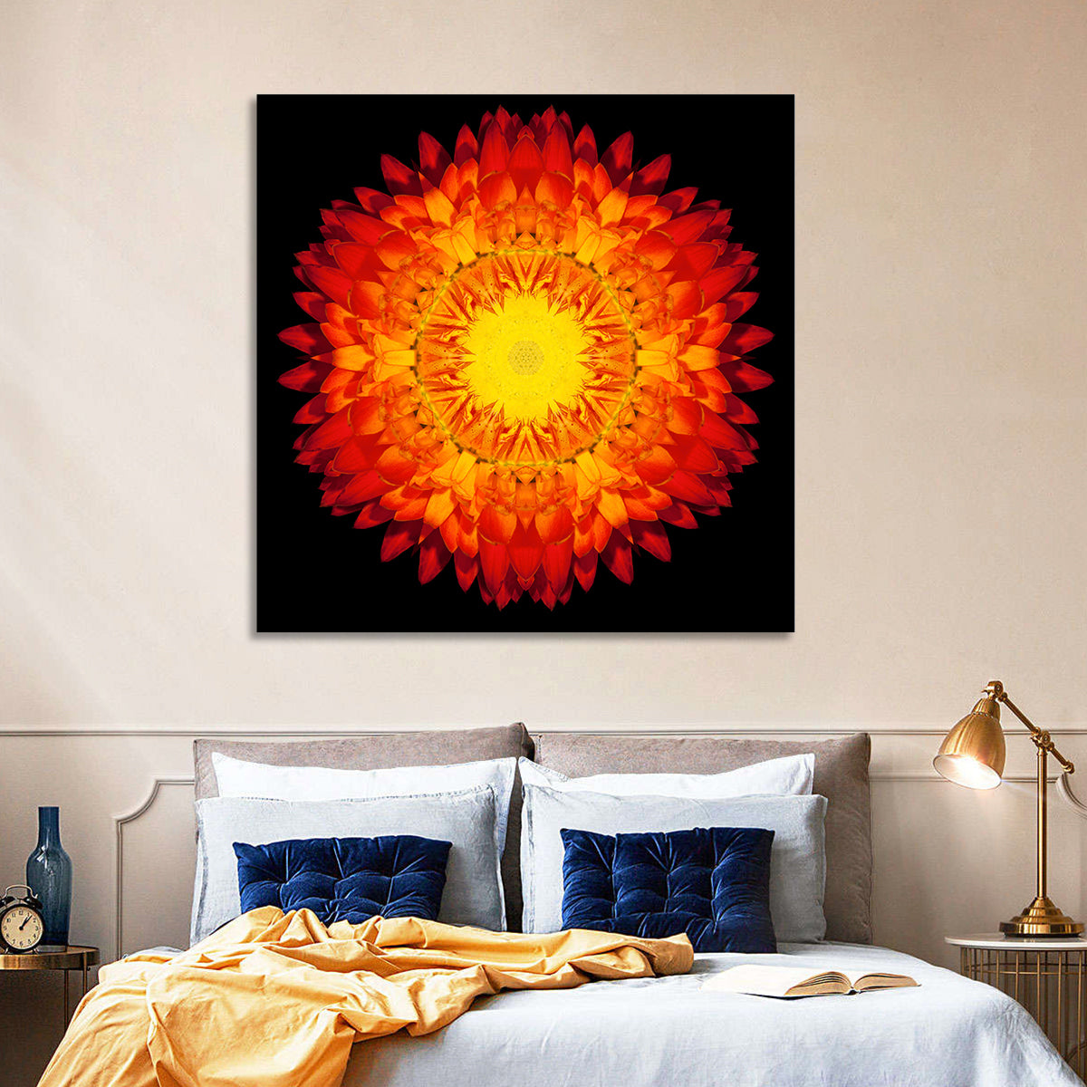 Radiant Red Kaleidoscopic Mandala Flower Wall Art