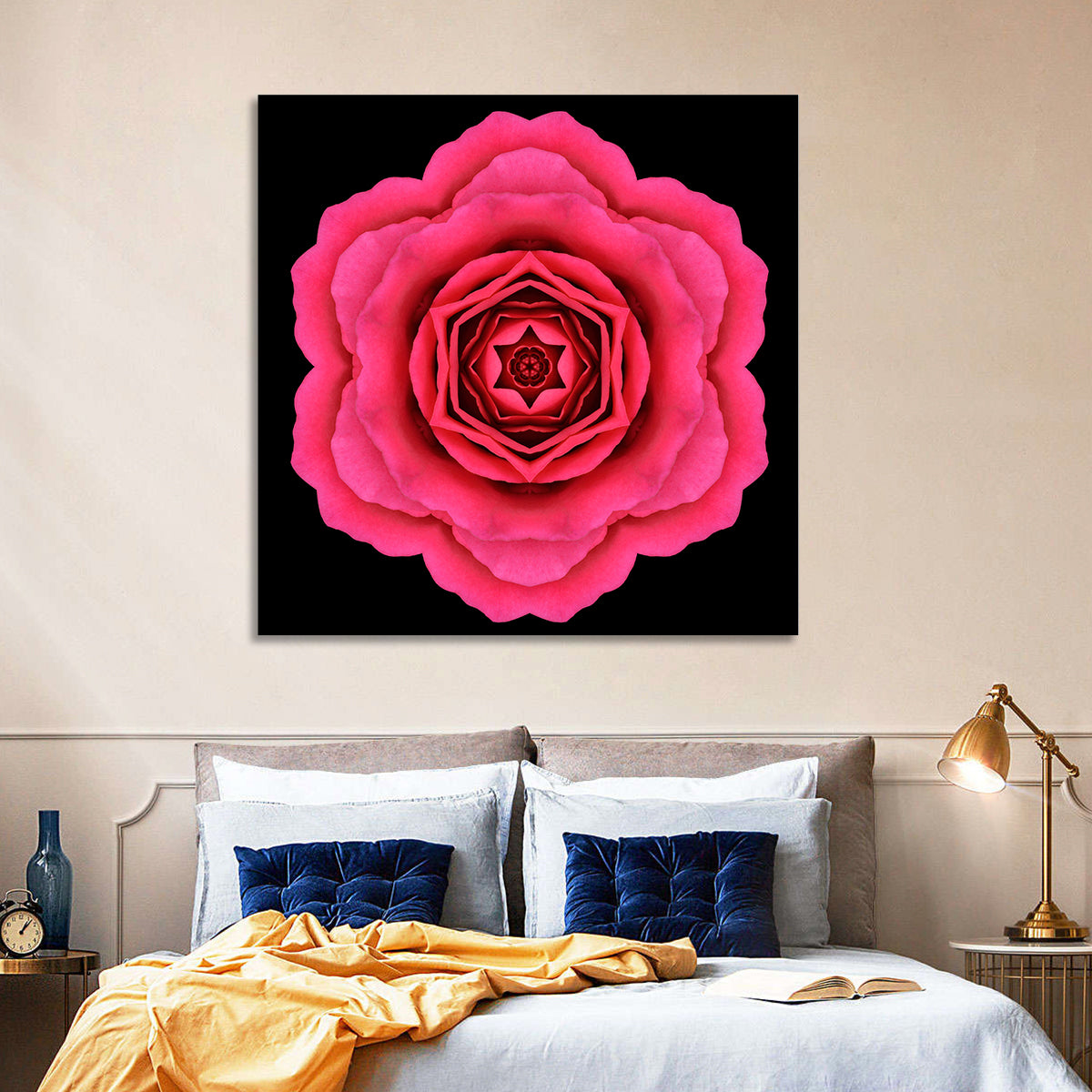 Magenta Rose Mandala Pattern Wall Art in a room, square
