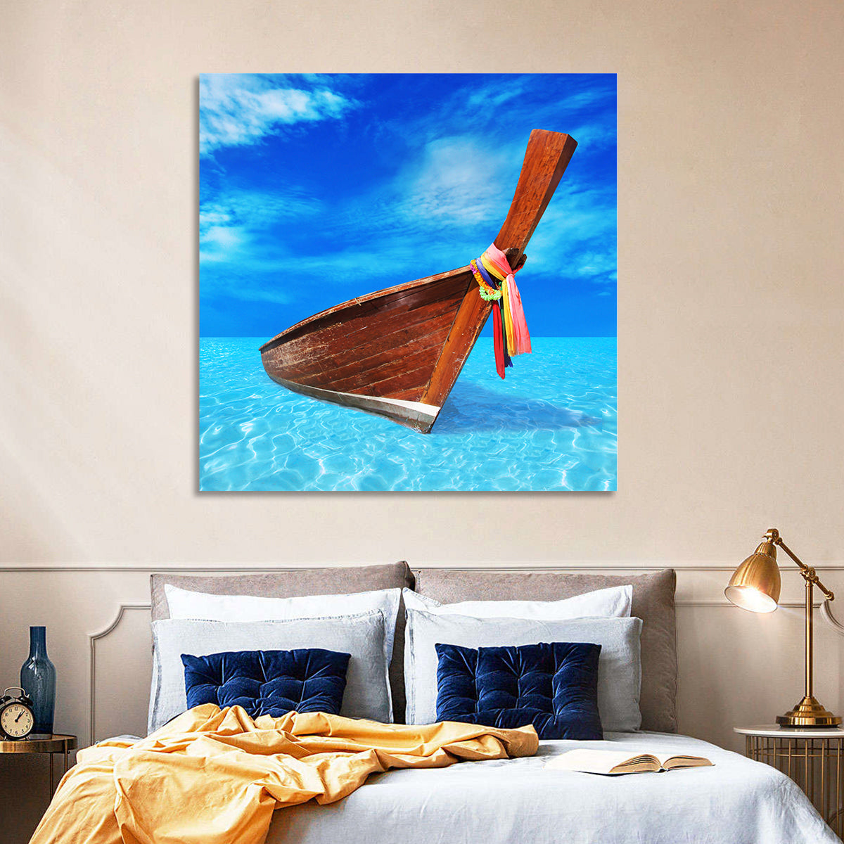 Long-tail Boat in Blue Sea Wall Art in a room, square
