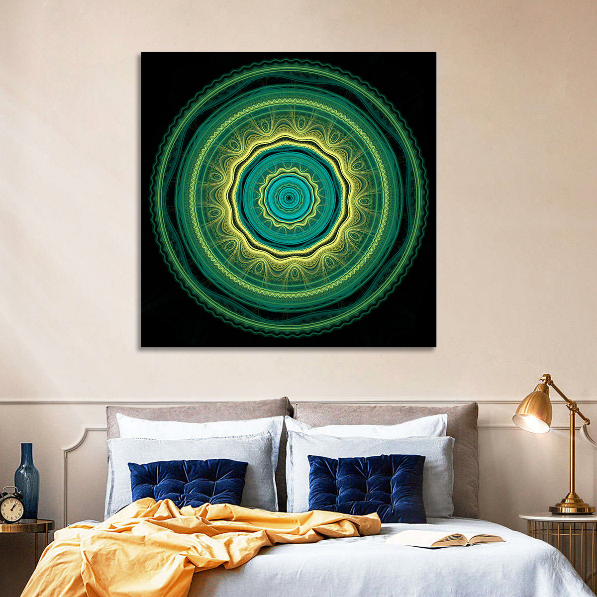 Hypnotic Teal Glow Mandala Wall Art
