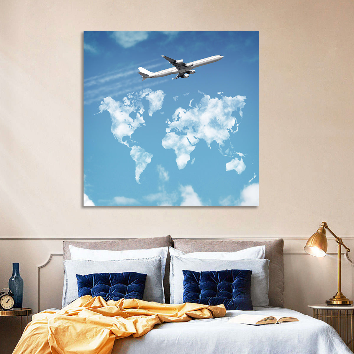 Jet Over Cloud World Map Wall Art